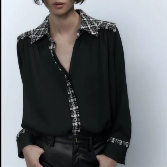 Zara Black Blouse with Tweed Trim - Picture 2 of 9